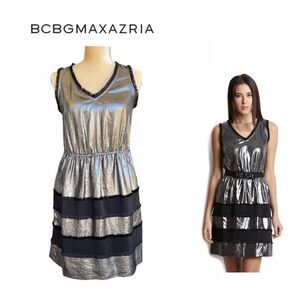 BCBG MaxAzria Shimmering Metallic Silver Black Dress Size XS Silk Blend Cocktail